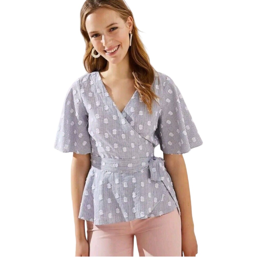 LOFT Blue and White Striped Polka Dot Blouse